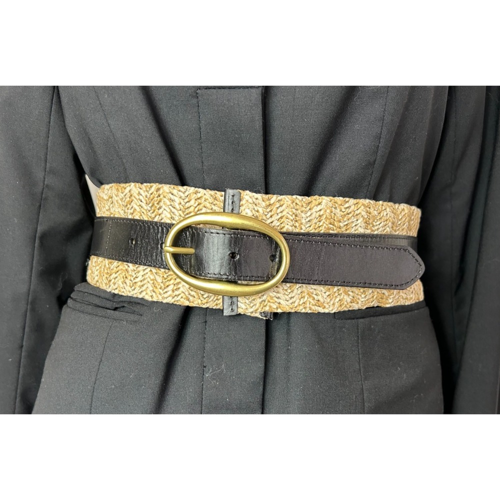 Women's Boho Woven Straw Black Leather Belt Gold Buckle Wide Waist Belt M 29-31"